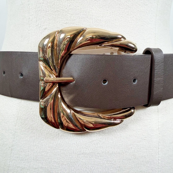 Zara Wide Statement Belt Brown Faux Leather Artsy Gold Tone Buckle Boho Size M - Picture 4 of 9